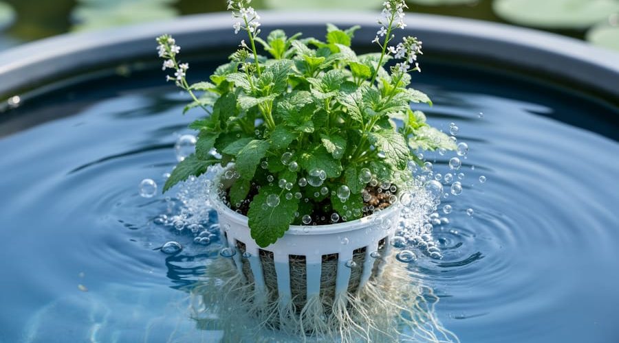 Close-up of herbs and flowering plants in a deep water culture system with roots suspended in clear oxygenated water and visible air bubbles.
