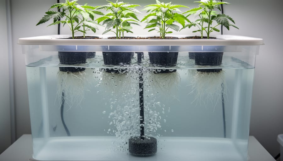 Lettuce seedlings in net pots suspended above oxygenated water in a deep water culture system with an air stone.