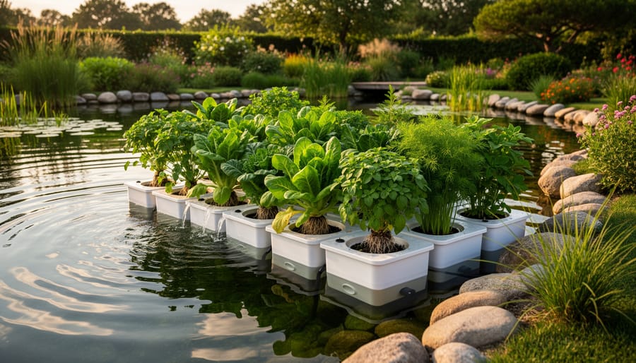 Floating DWC-style raft with healthy green plants growing on a pond surface at golden hour.
