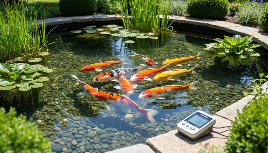 Healthy koi pond with clear water, colorful koi fish, and water lilies