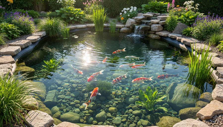Natural garden pond with water lilies showing no visible filtration equipment
