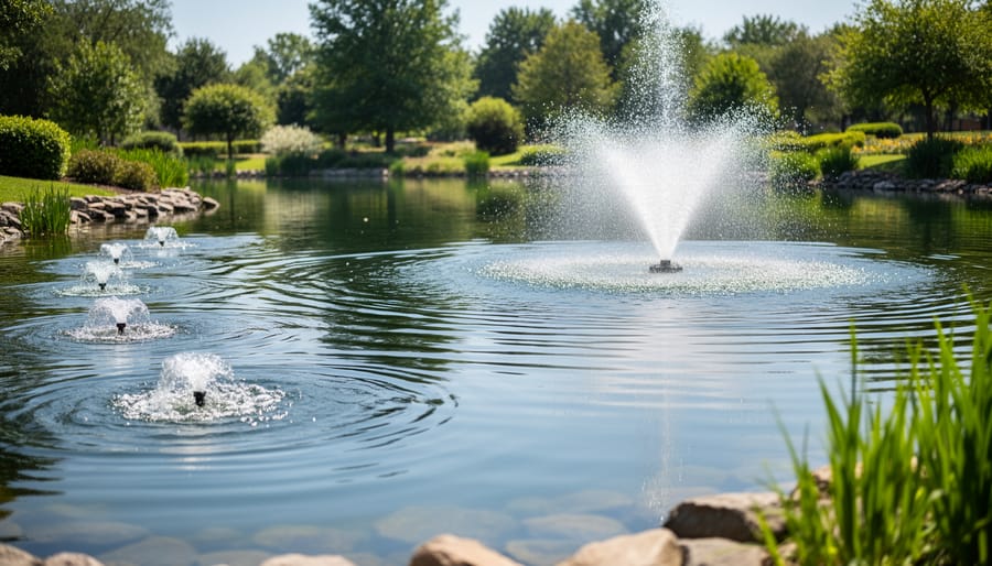 Pond fountain and aeration system creating oxygen-rich water with spray and bubbles