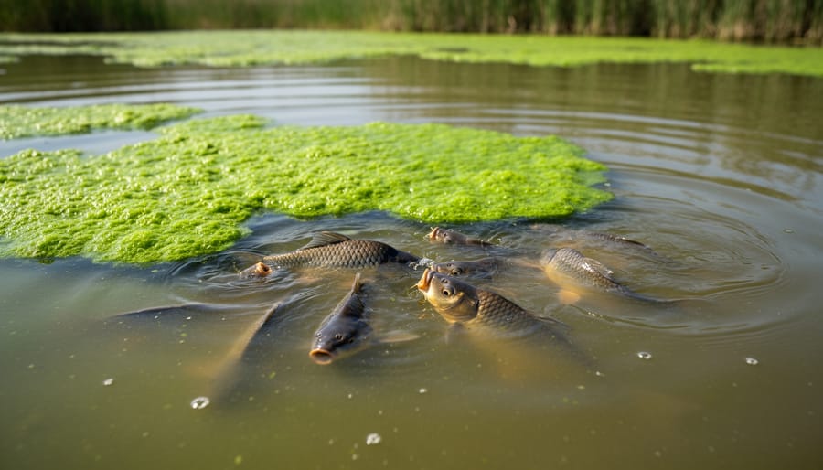 Unhealthy pond with murky green water, algae bloom, and poor water quality
