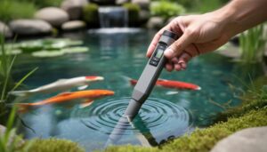 Hand holding a waterproof redox potential meter with the probe in a clear garden pond, koi fish and aquatic plants softly blurred in the background under natural daylight, focus on the probe and water ripples, no readable display.