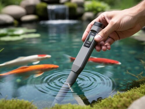 Hand holding a waterproof redox potential meter with the probe in a clear garden pond, koi fish and aquatic plants softly blurred in the background under natural daylight, focus on the probe and water ripples, no readable display.