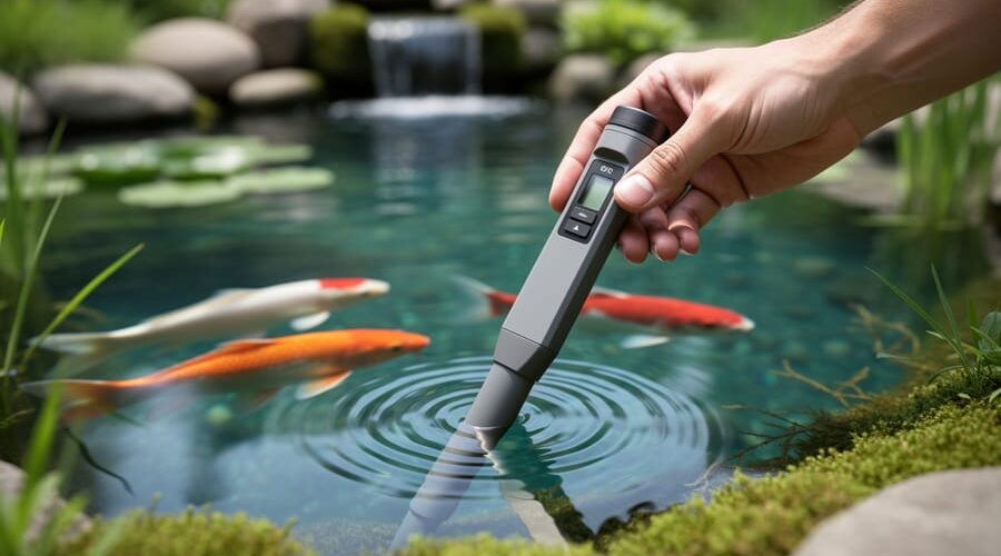 Hand holding a waterproof redox potential meter with the probe in a clear garden pond, koi fish and aquatic plants softly blurred in the background under natural daylight, focus on the probe and water ripples, no readable display.