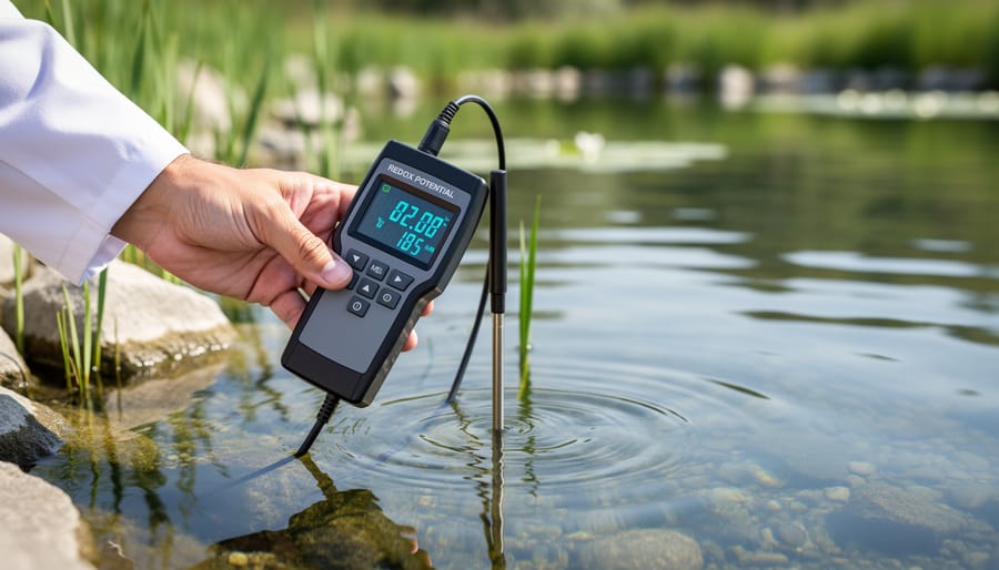 Hand holding digital redox meter with probe testing pond water quality