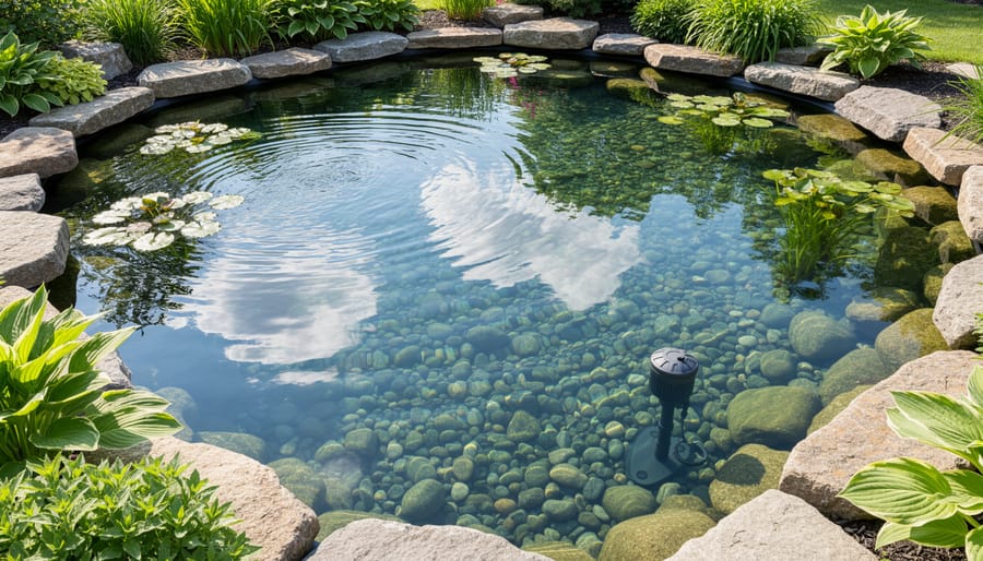 Underwater pond filter unit on pond bottom with koi fish swimming above