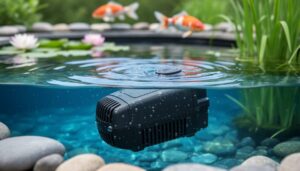 Over-under photo of a small backyard koi pond with a compact black submersible filter visible below the surface, koi swimming nearby, and stone edging, lilies, and pond plants above the waterline in soft natural daylight