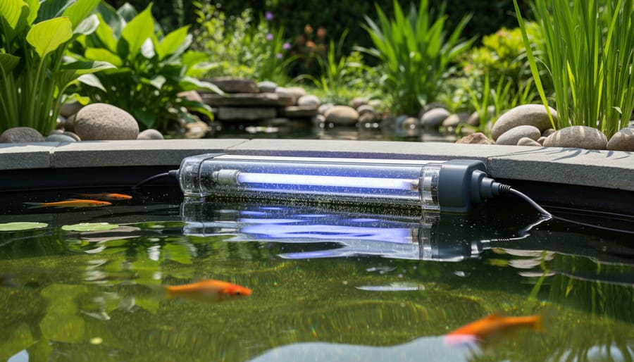 UV clarifier unit installed in clear pond water with light rays visible