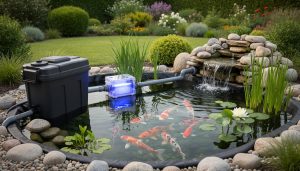 Backyard pond with clear water, koi fish, aquatic plants, and an inline UV clarifier installed between a filter box and a small waterfall return in natural daylight.