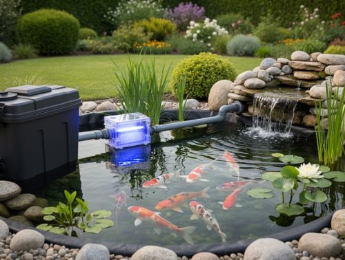 Backyard pond with clear water, koi fish, aquatic plants, and an inline UV clarifier installed between a filter box and a small waterfall return in natural daylight.
