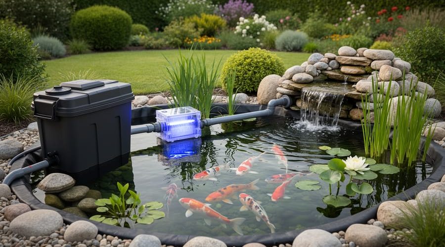 Backyard pond with clear water, koi fish, aquatic plants, and an inline UV clarifier installed between a filter box and a small waterfall return in natural daylight.