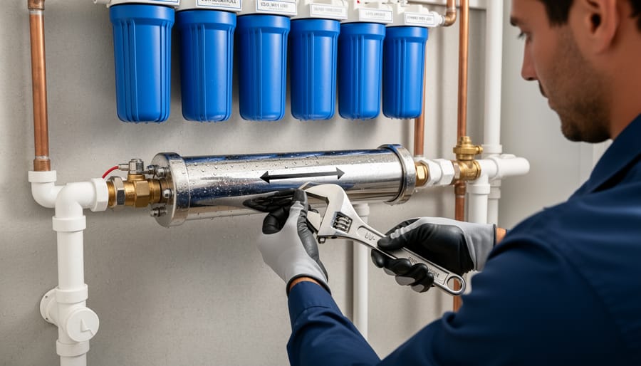 Hands installing UV clarifier unit into pond filtration system showing plumbing connections