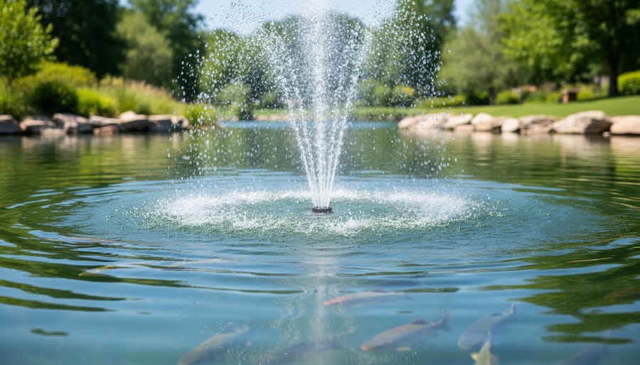 A pond fountain and waterfall aerate the water with visible splashing and ripples.