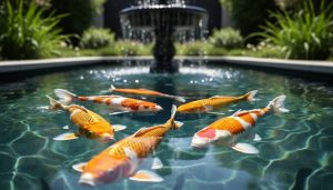 Crystal-clear koi pond with orange and white koi fish swimming near the surface in a garden setting.