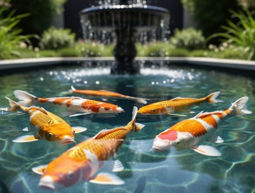 Crystal-clear koi pond with orange and white koi fish swimming near the surface in a garden setting.