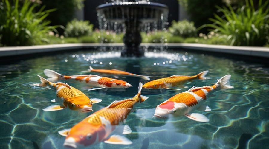 Crystal-clear koi pond with orange and white koi fish swimming near the surface in a garden setting.