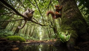 Low-angle view of an arboreal forest canopy with a possum and squirrel perched on branches and a tree frog on a mossy trunk near shaded water.