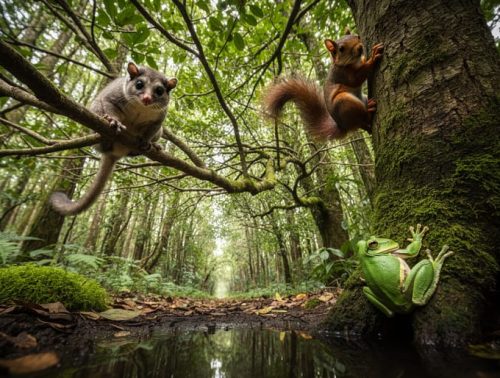 Low-angle view of an arboreal forest canopy with a possum and squirrel perched on branches and a tree frog on a mossy trunk near shaded water.