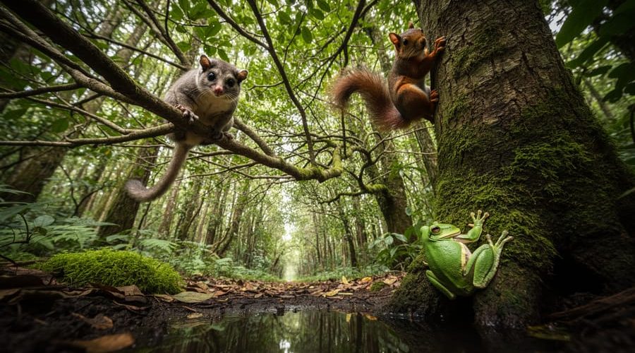 Low-angle view of an arboreal forest canopy with a possum and squirrel perched on branches and a tree frog on a mossy trunk near shaded water.