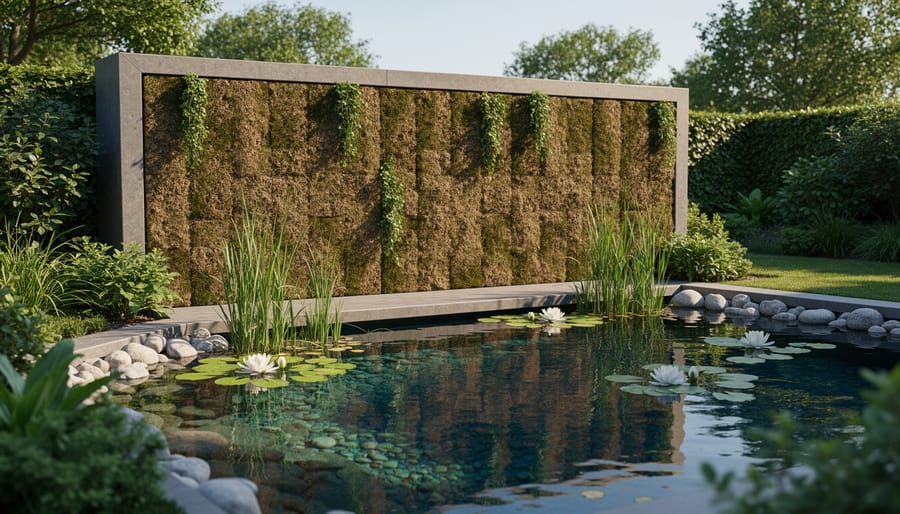 Backyard water garden pond with koi near the edge and a stone-and-block thermal mass wall behind it