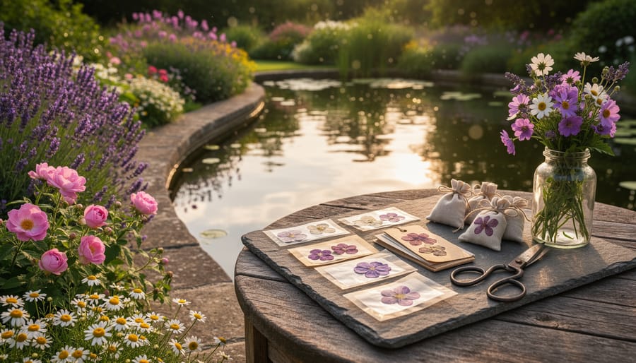 Blooming fragrant pond plants like flowering rush and water lilies near a stone ledge with pressed flowers for crafts.