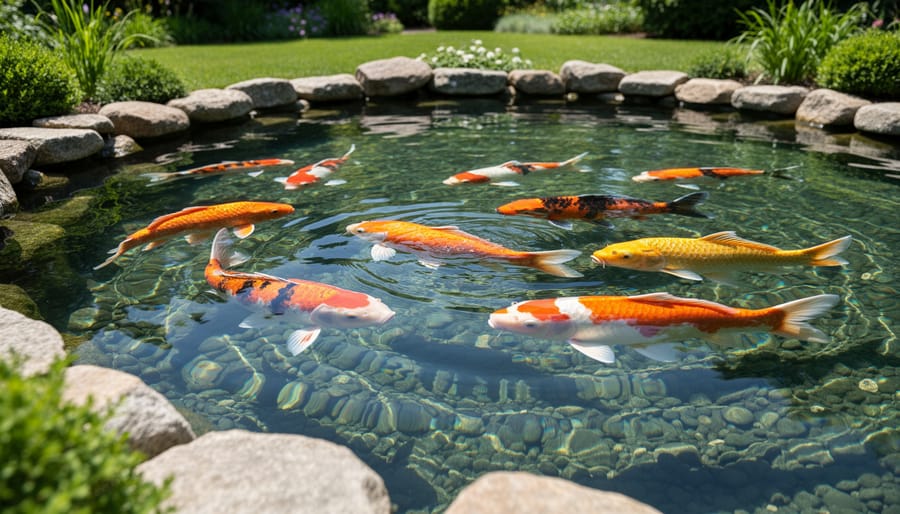 Clear koi pond water with visible koi swimming in a garden setting