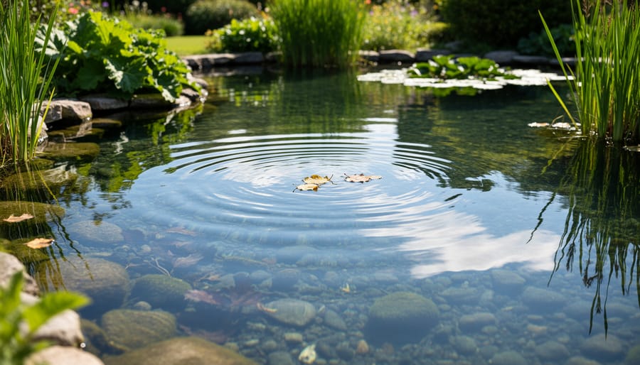 Clear pond water with ripples near a waterfall feature and visible rocks and aquatic plants