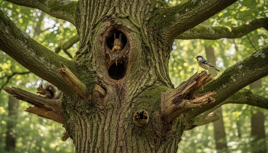 Close-up of a mature tree trunk with bark texture, a small cavity, and branches with nesting habitat