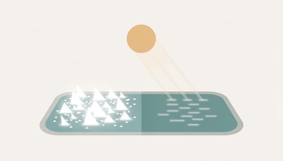 Close-up of a pond’s water surface reflecting warm light in a controlled way without harsh glare.