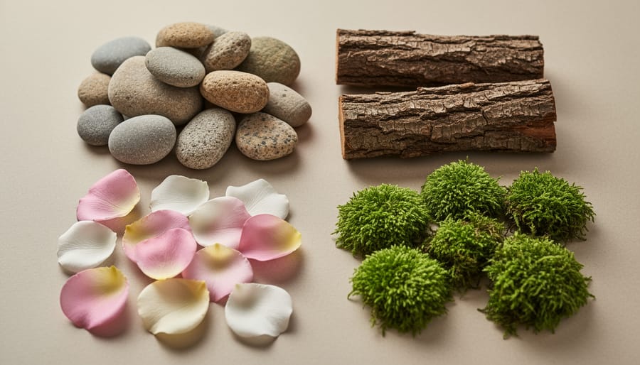 Close-up of pond texture collection with smooth stones, moss, bark, and petals on a board next to gloved hands.