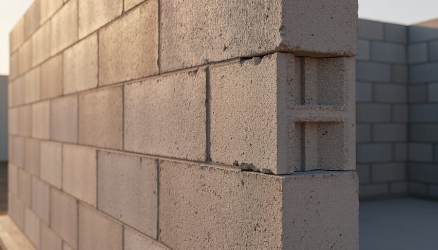 Close view of a sturdy stacked-stone and brick thermal mass wall beside a pond