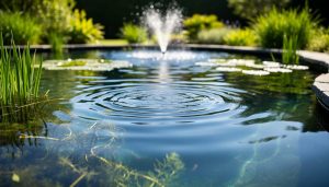 Sunlit pond with aquatic plants and gentle ripples near the water surface, showing the natural setting where dissolved oxygen supports pond life.