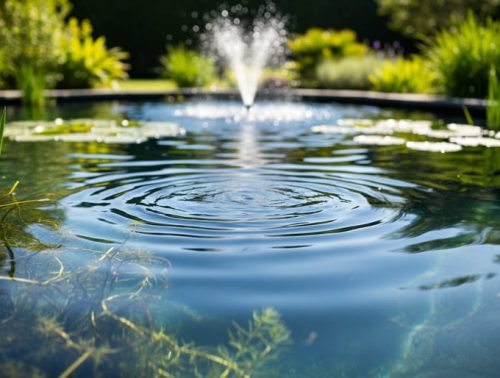 Sunlit pond with aquatic plants and gentle ripples near the water surface, showing the natural setting where dissolved oxygen supports pond life.