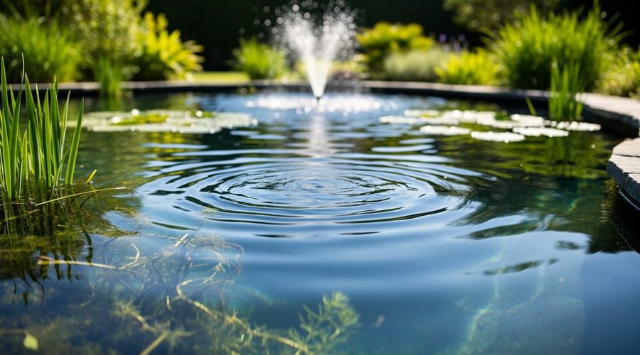 Sunlit pond with aquatic plants and gentle ripples near the water surface, showing the natural setting where dissolved oxygen supports pond life.