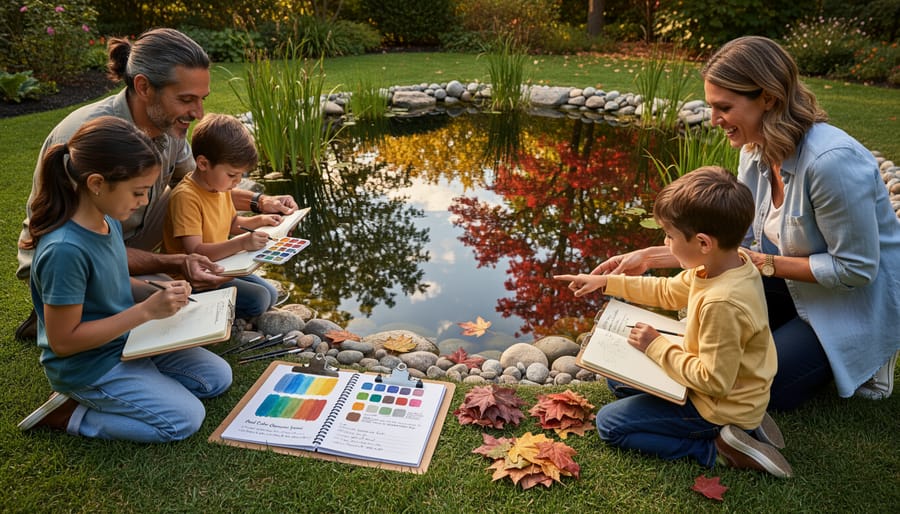 Family sketching and photographing reflections in a backyard pond during a color observation activity.