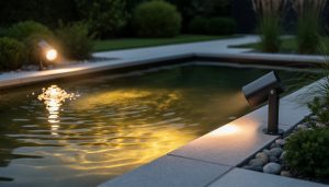 Dusk-lit backyard pond with a shielded landscape light producing a soft, glare-free glow on rippling water and plants.