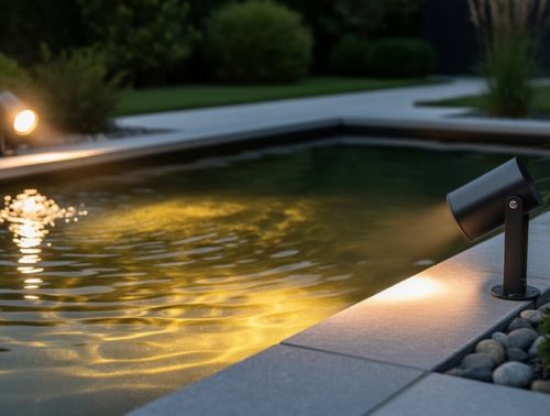 Dusk-lit backyard pond with a shielded landscape light producing a soft, glare-free glow on rippling water and plants.