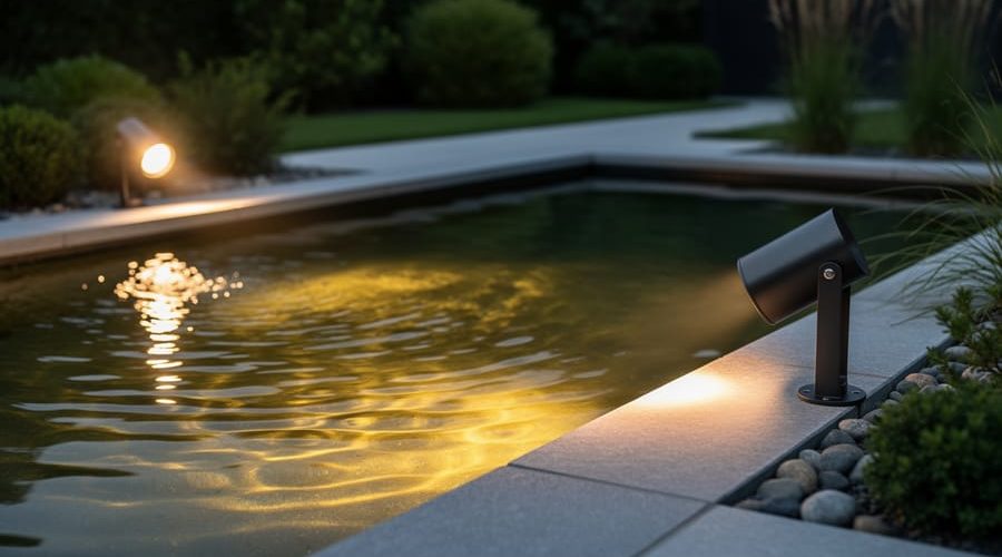 Dusk-lit backyard pond with a shielded landscape light producing a soft, glare-free glow on rippling water and plants.