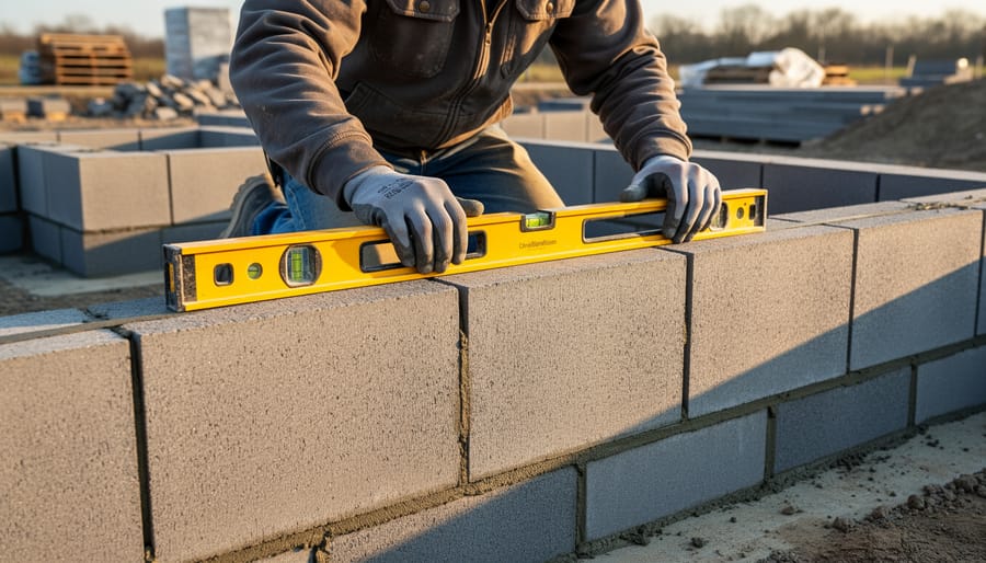 Gloved hands leveling concrete blocks on a gravel foundation near a pond