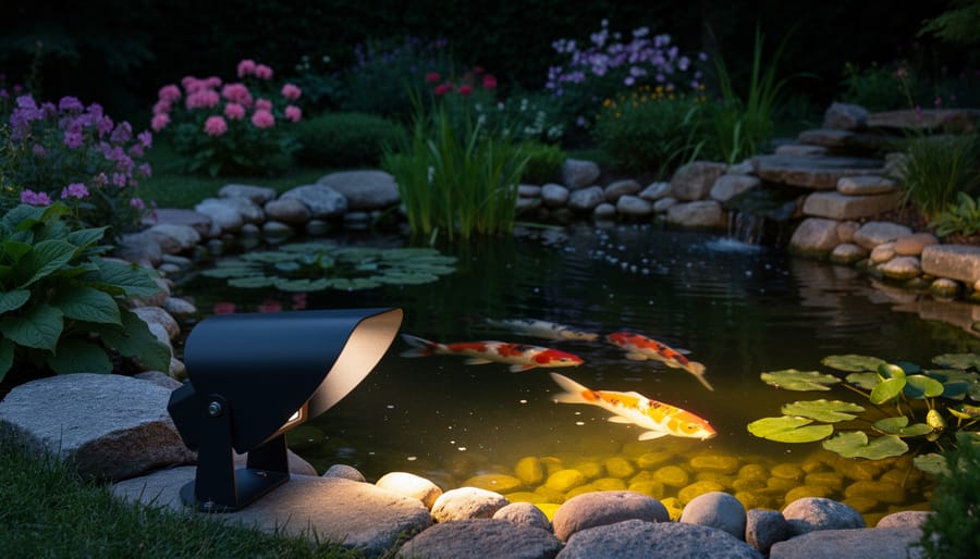 Hooded pond light fixture softly lighting nearby plants at night without visible glare.