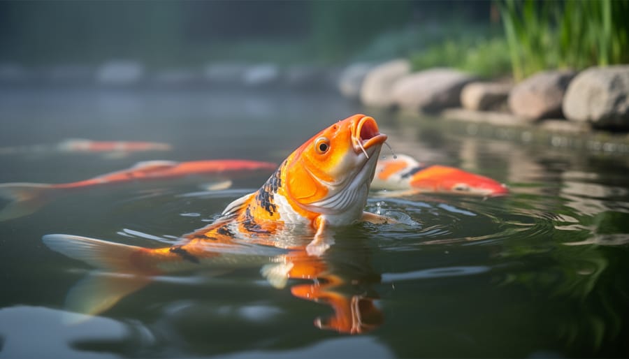 Koi fish near the surface of a pond on a cool morning, showing signs of oxygen stress.