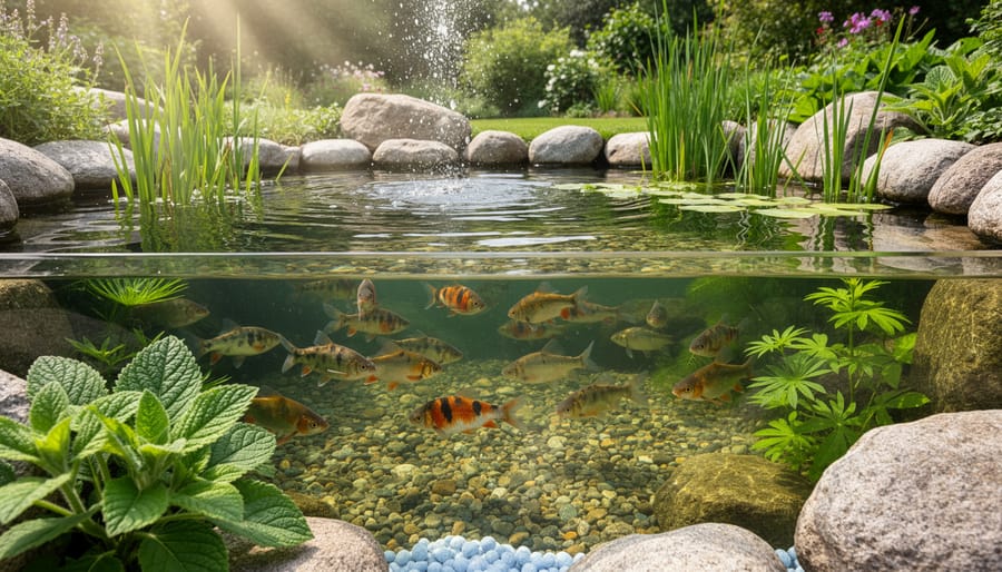 Koi fish swimming in clear pond water near the edge