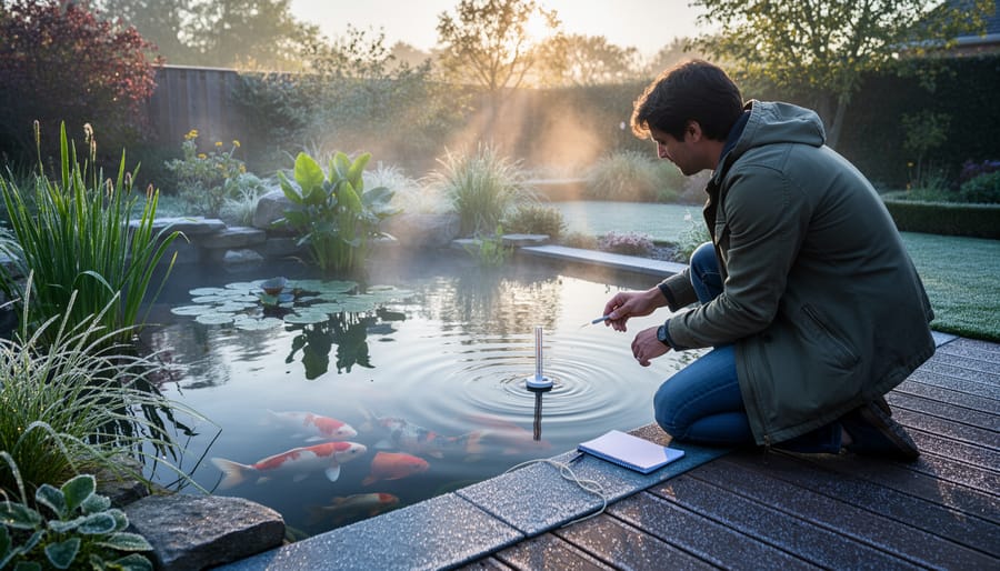 Koi in a water garden pond at sunrise with a thermal mass wall casting shade