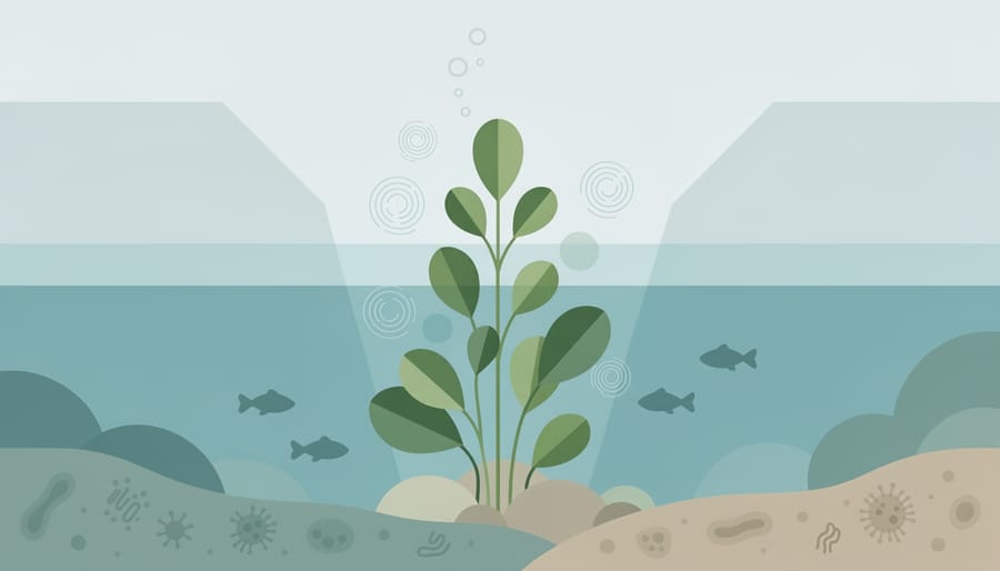 Macro view of submerged pond plants in clear water suggesting a healthy pond ecosystem.