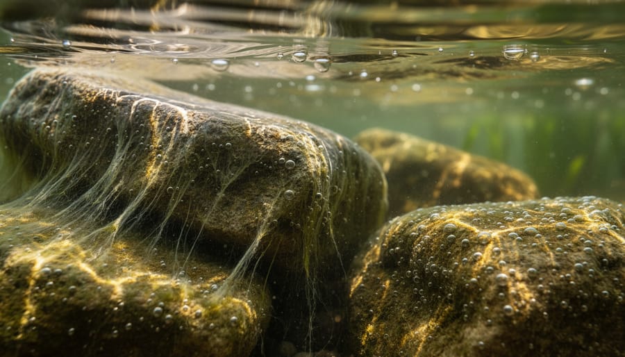 Macro view of wet pond rocks showing textured biofilm in a filtration area
