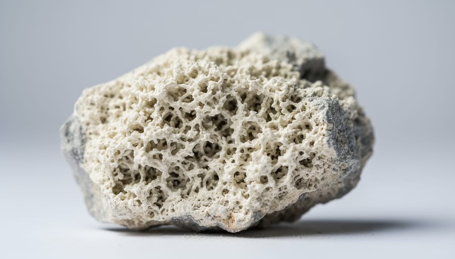 Natural zeolite stones and porous granules shown in close-up in an open hand