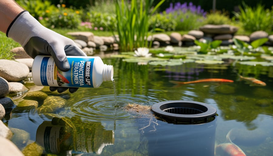 Person adding beneficial bacteria to a backyard pond near the filter outlet