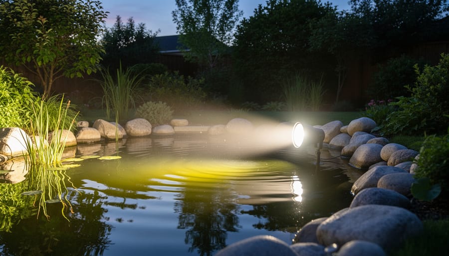 Person shielding their eyes next to a koi pond at night where bright spotlights create glare on the water surface.